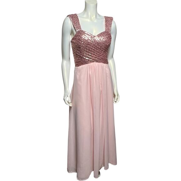 Rose Gold Sequin Prom Dress Pink Chiffon Maxi Evening Gown Size 6 Open Back - Picture 8 of 10